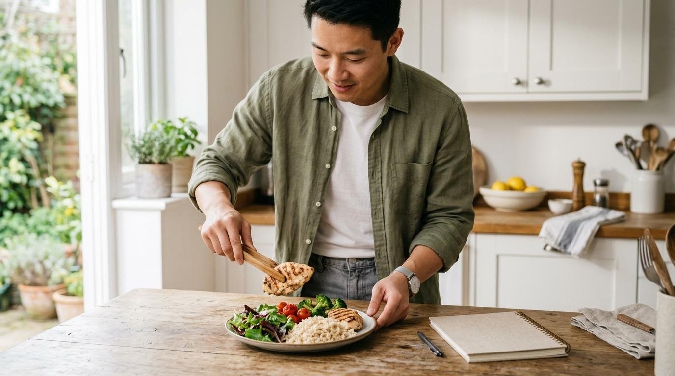 Man planning balanced meals in a bright kitchen to keep a modest calorie deficit