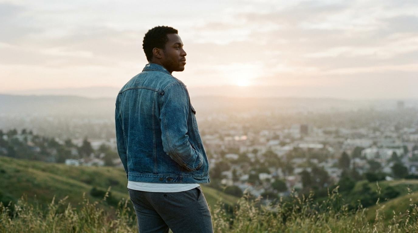 Young Black man standing outdoors at sunrise, taking a next step after noticing mild symptoms of depression