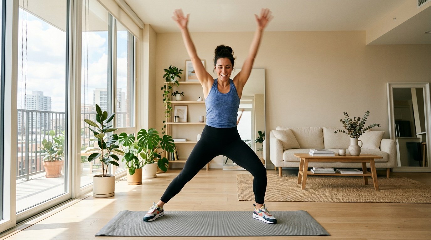 Five-move no-equipment cardio circuit demonstrated by a beginner in workout clothes on a mat