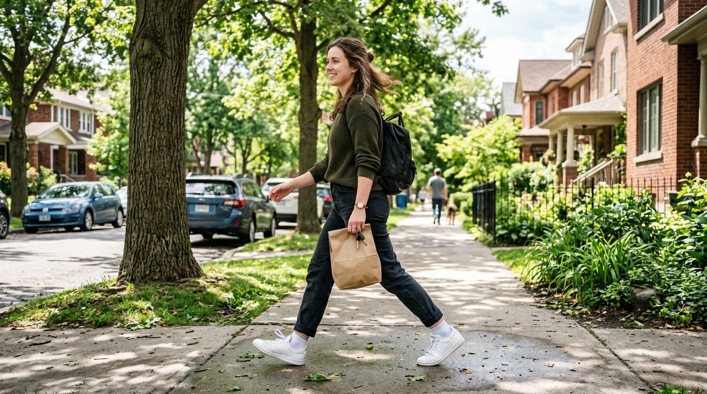 young adult taking a brisk walk outdoors during a lunch break instead of a formal gym workout