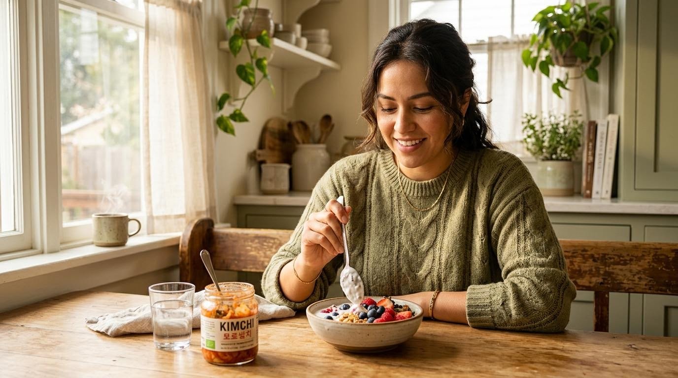 fermented foods and gut health trend shown as a woman eating kefir with kimchi at breakfast