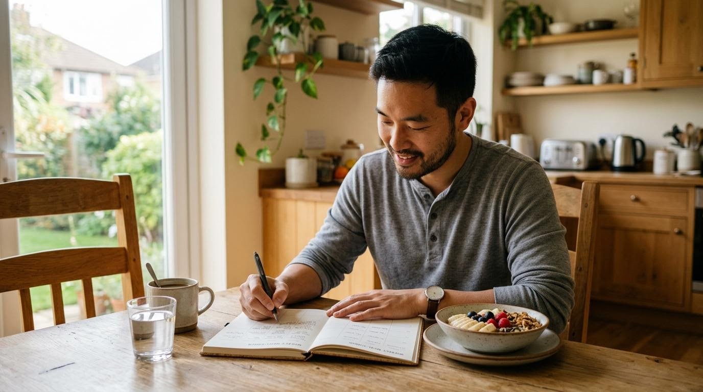 building a nutrition trends 2025 plan shown as a man journaling a weekly meal plan