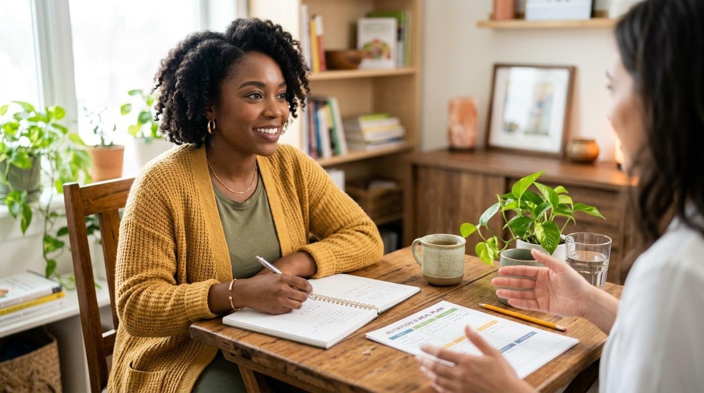 personalized nutrition consultation shown as a woman meeting with a registered dietitian