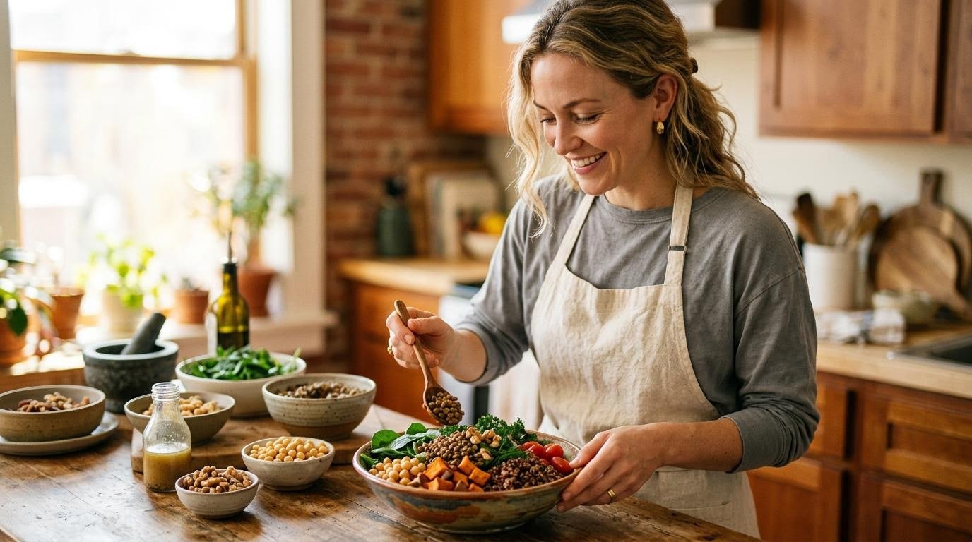 plant-forward protein trend shown as a woman assembling a lentil and chickpea grain bowl