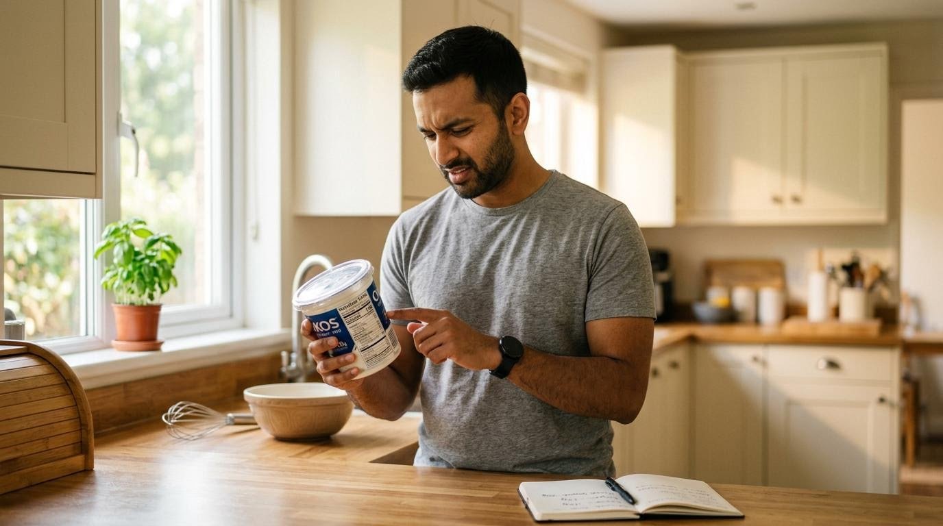 nutrition trends 2025 protein guidelines shown as a man reading a nutrition label in his kitchen