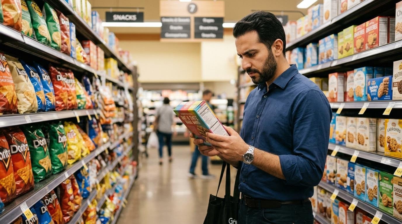 ultra-processed food label check shown as a man reading ingredients in a grocery aisle