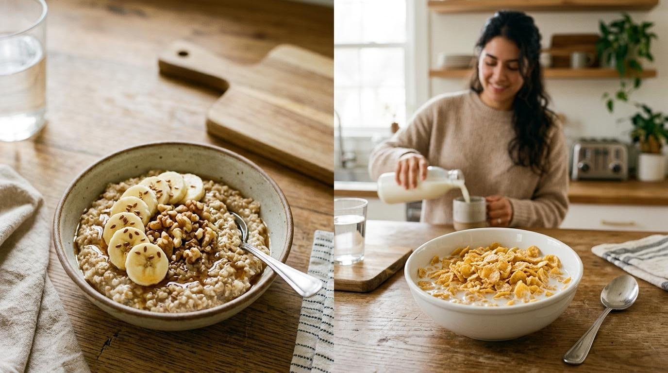 side by side comparison of a fiber rich oatmeal bowl and a sugary flake cereal bowl