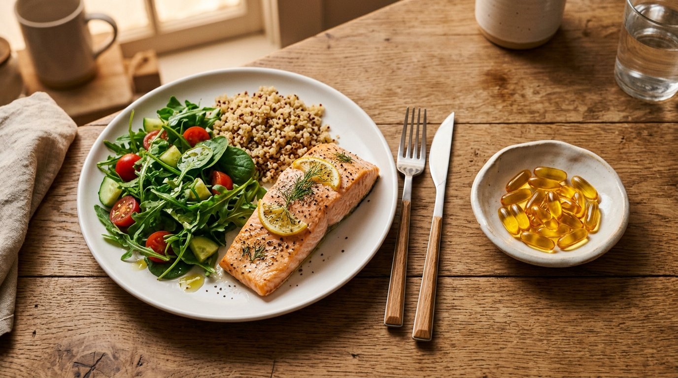 omega-3 fish oil softgel capsules placed beside a dinner plate at the table
