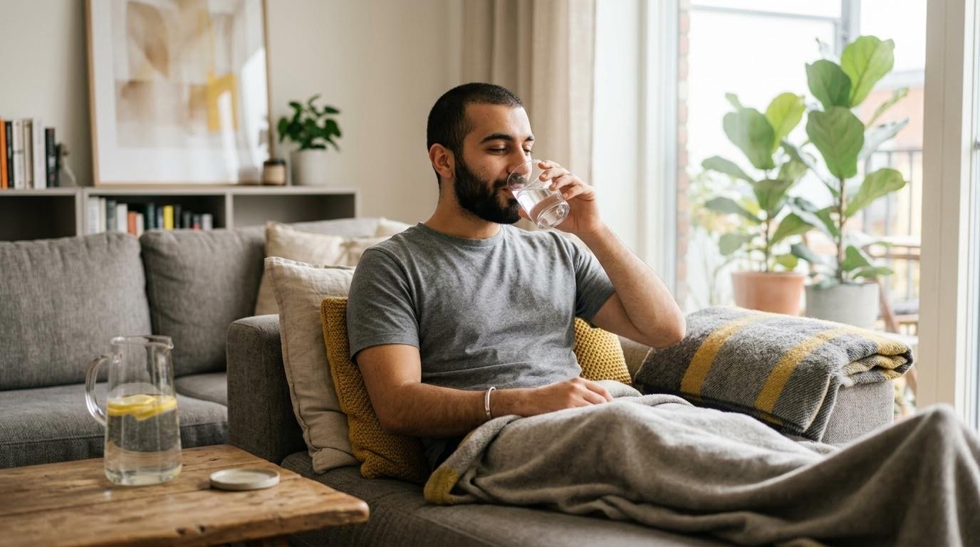 Man sipping water on a sofa while recovering from a stomach bug