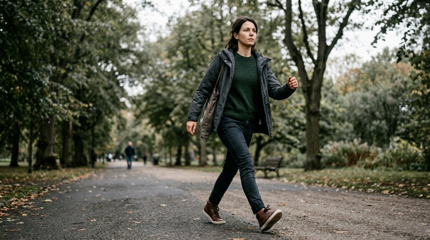 Young woman walking outdoors as a movement-based stress relief technique