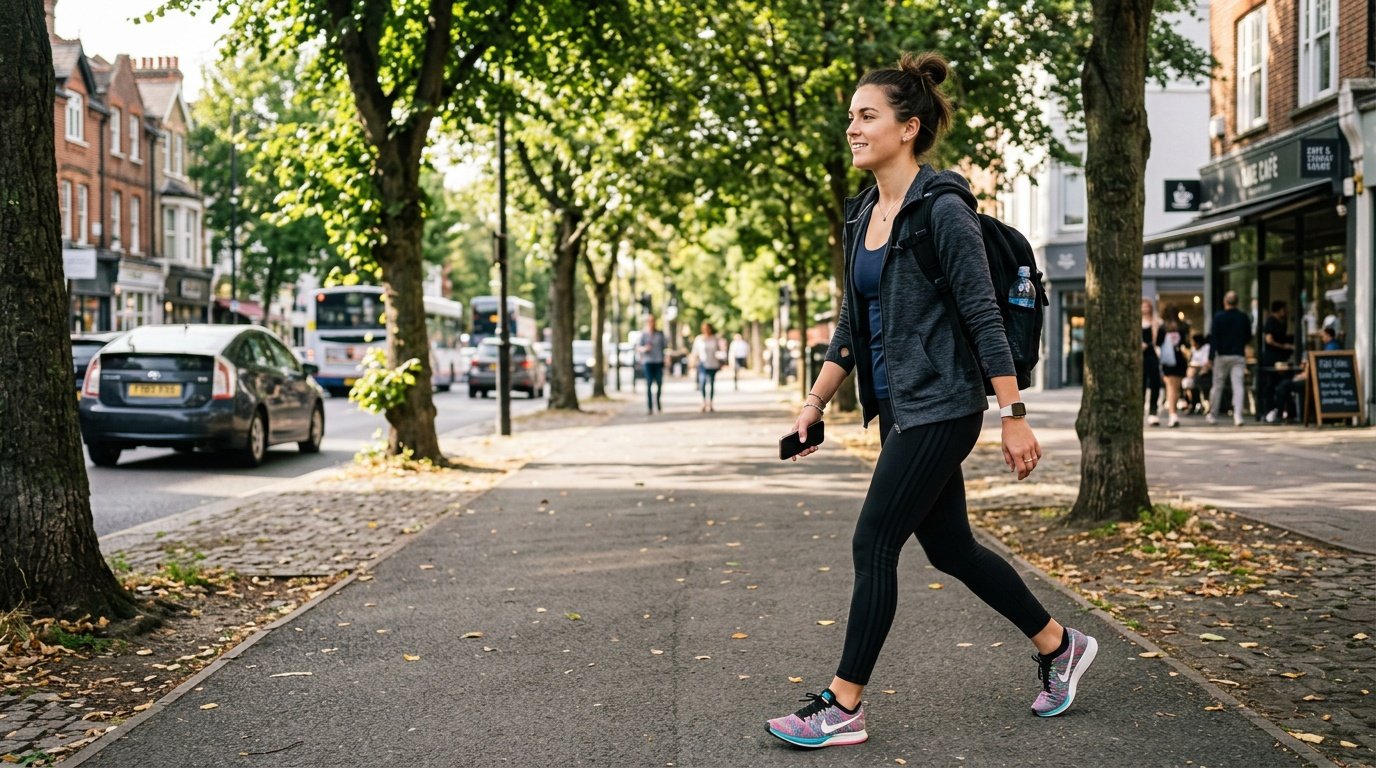 Young adult walking outdoors as a movement-based stress management activity