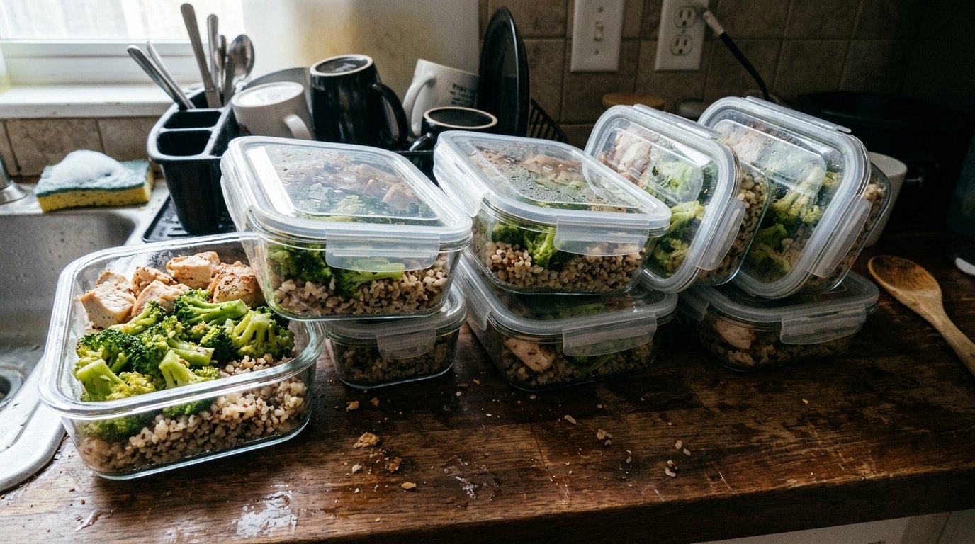 Overstuffed meal prep containers illustrating a common high protein meal prep mistake