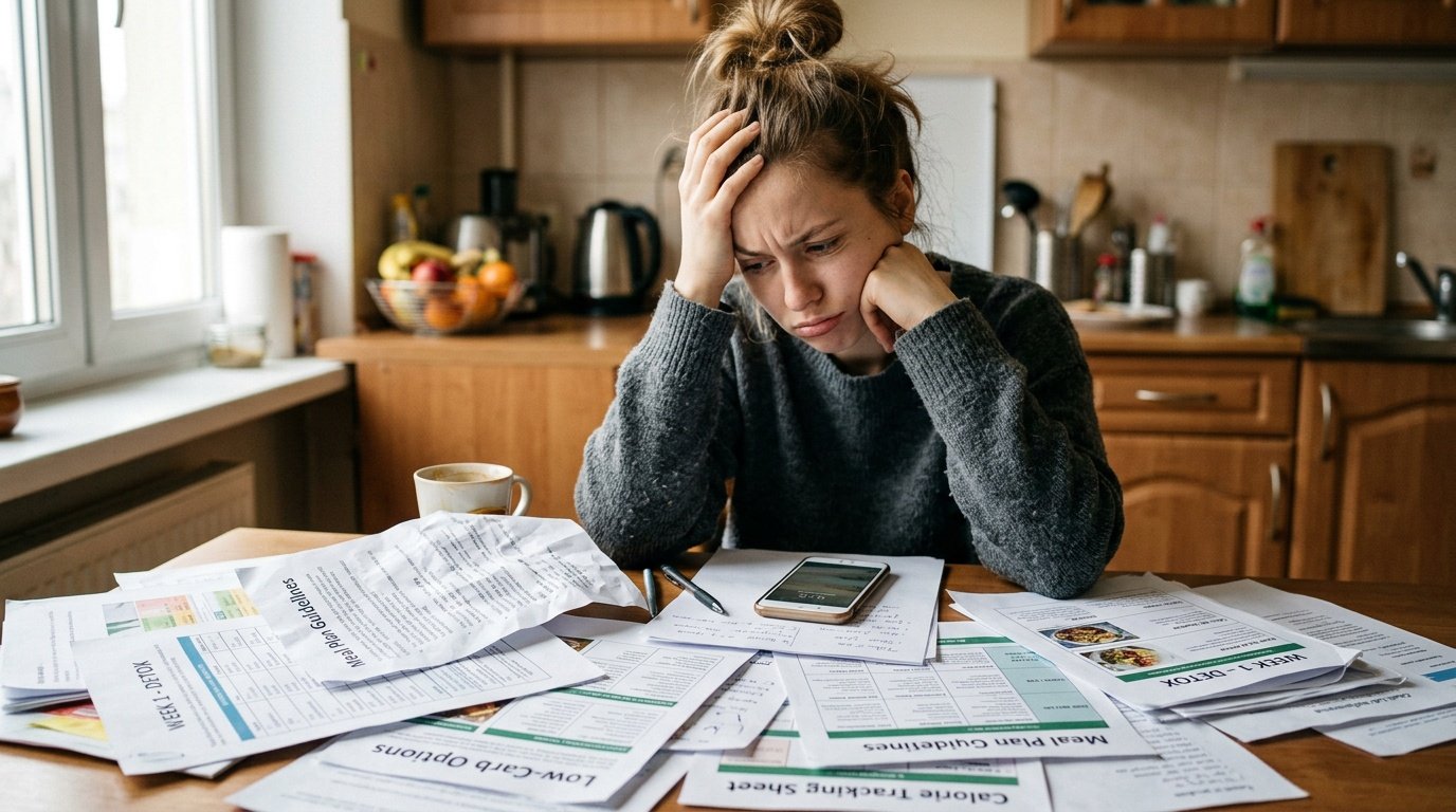overwhelmed planning shown as too many diet changes stacked at once at home