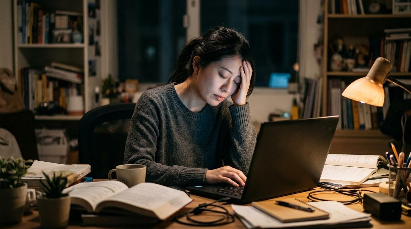 young woman showing signs of overwhelm at a late-night desk, illustrating the cost of delaying mental health practices