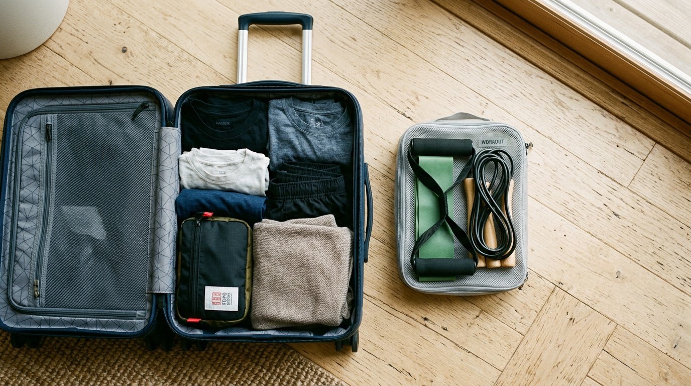 Packing lightweight travel workout equipment in a suitcase