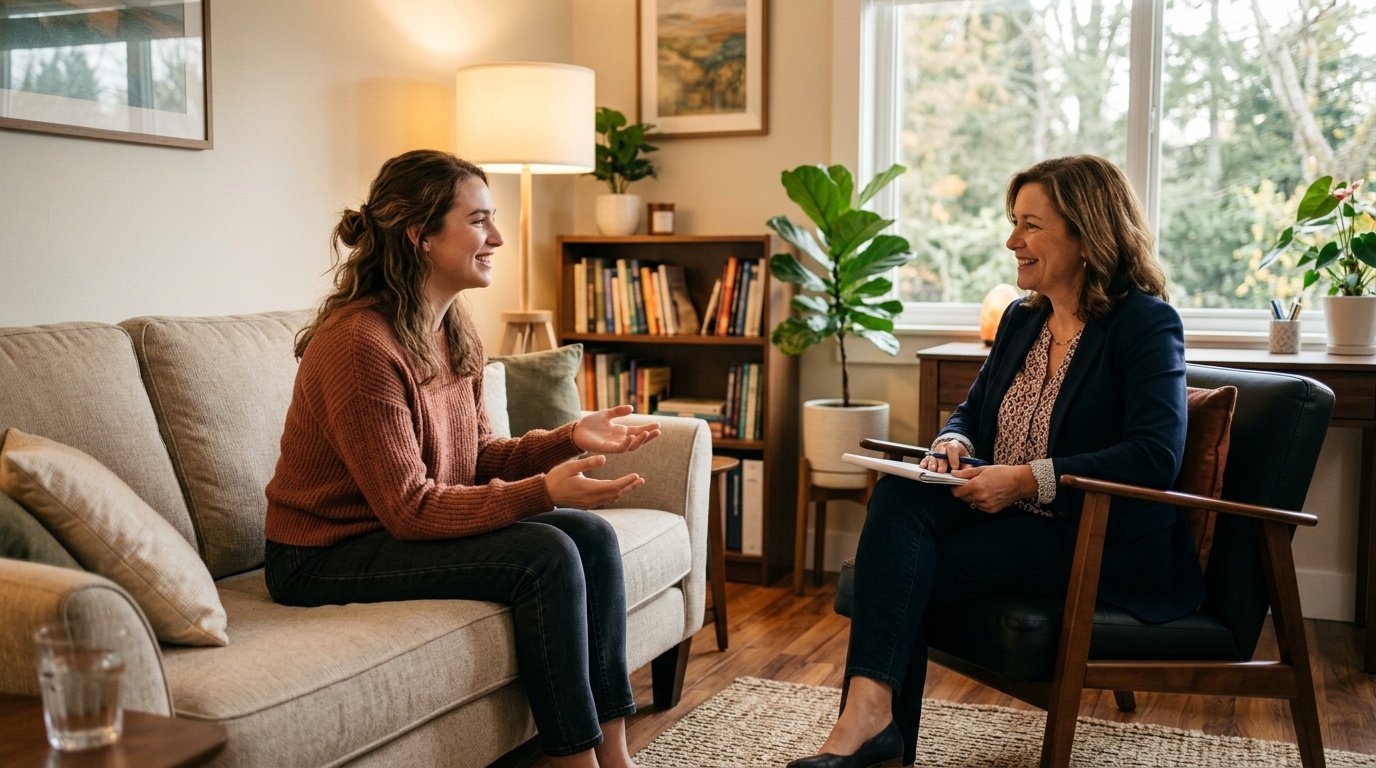 Person talking with a therapist about panic disorder beyond breathing exercises for panic attacks