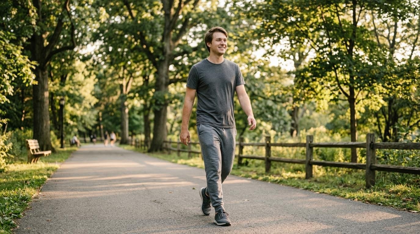 White American man walking briskly on a tree-lined park path as part of a daily activity habit