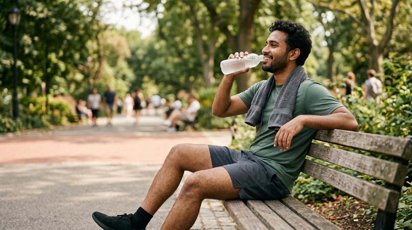 South Asian man drinking water on a park bench after a workout, towel around his neck
