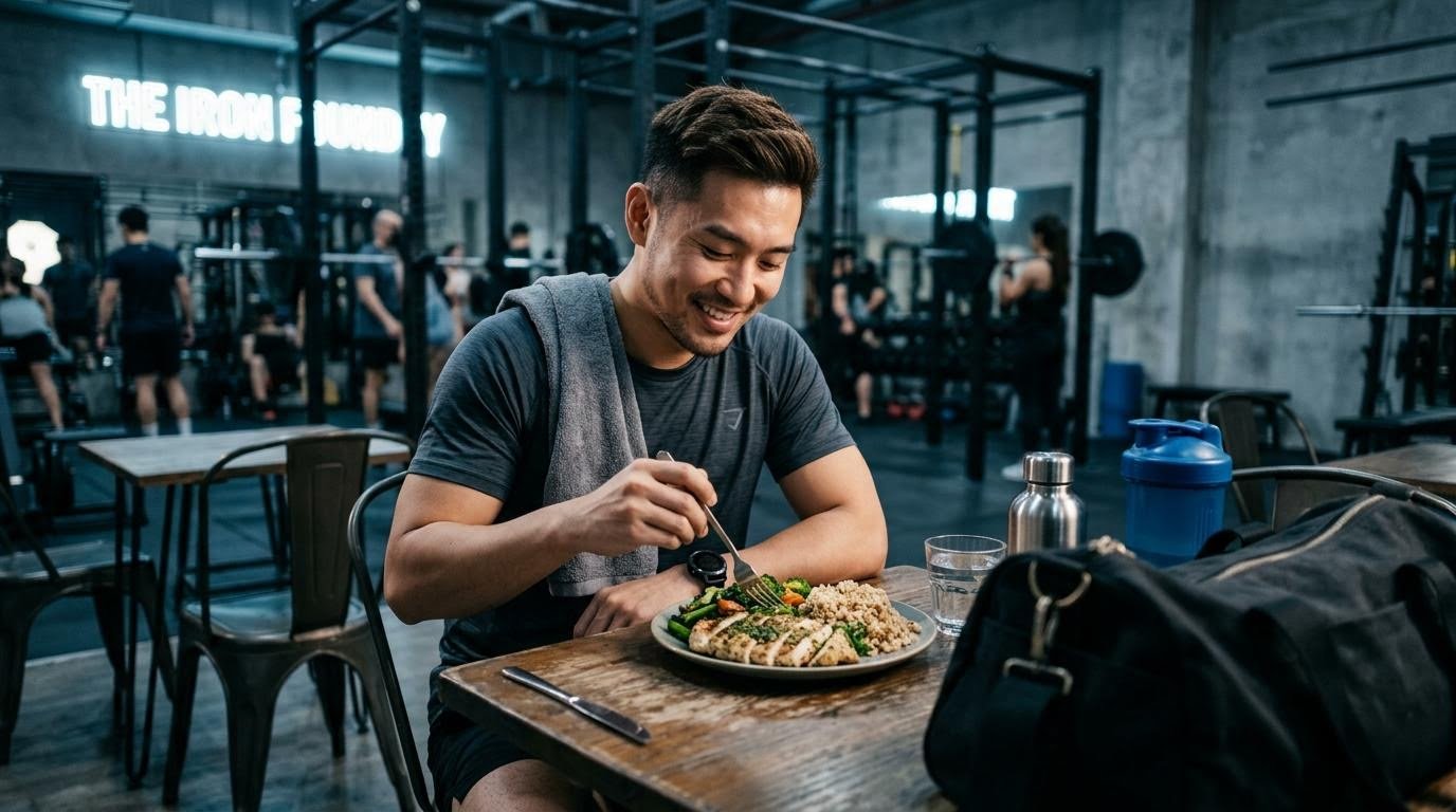Man eating a high protein post workout meal to support muscle recovery