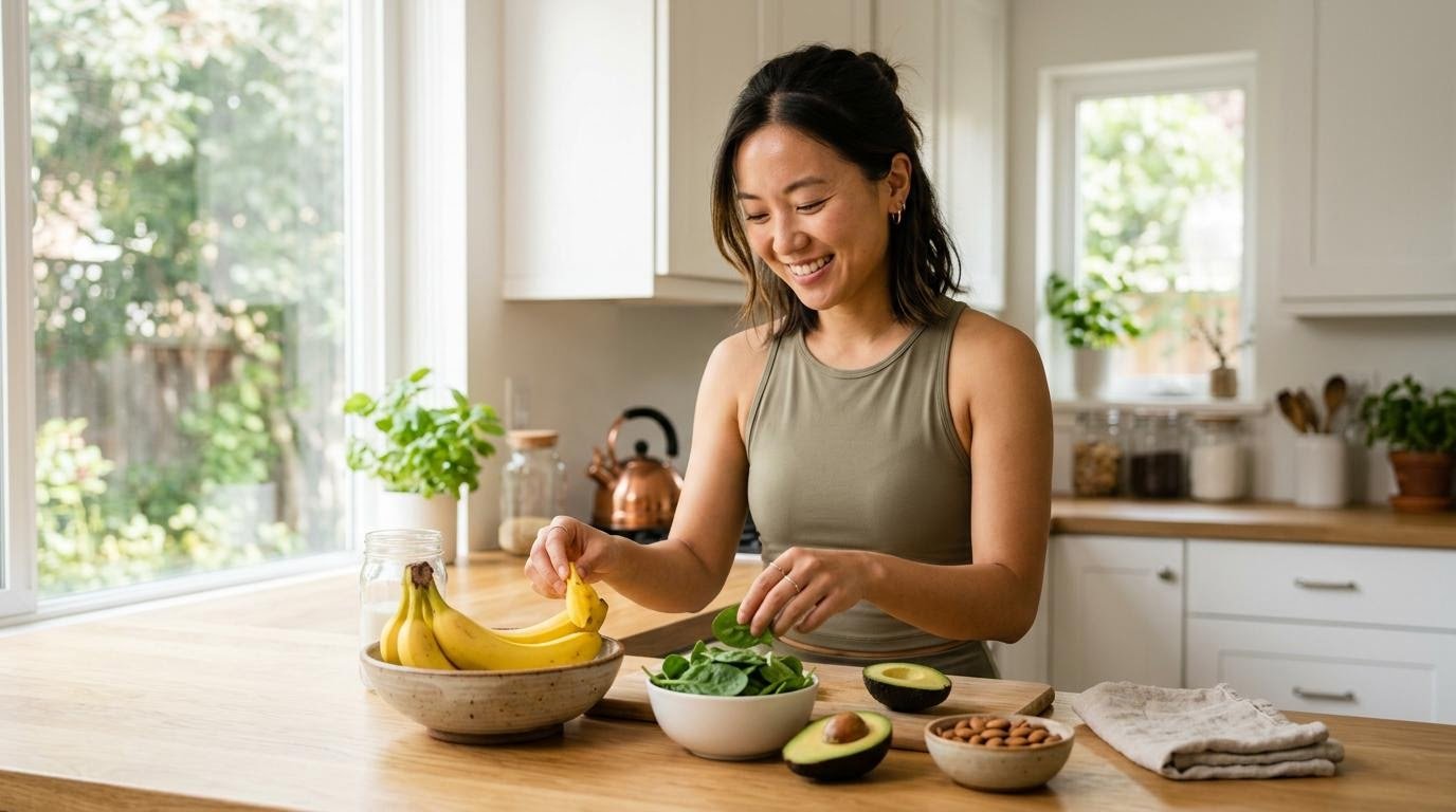 Woman arranging bananas, spinach, avocado and almonds, potassium-rich foods for electrolyte balance
