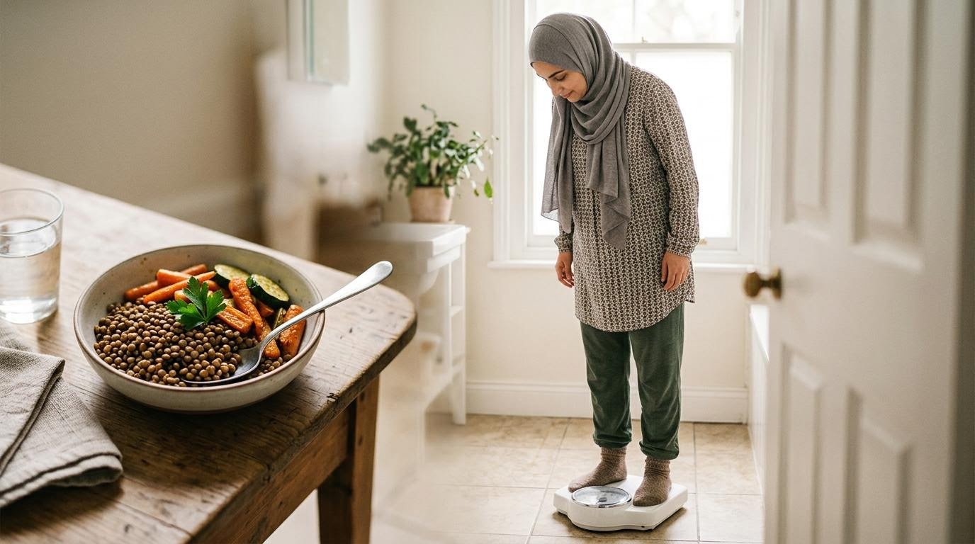 Middle Eastern woman weighing herself on a scale beside a bowl of lentils and vegetables, illustrating fiber intake and weight loss tracking