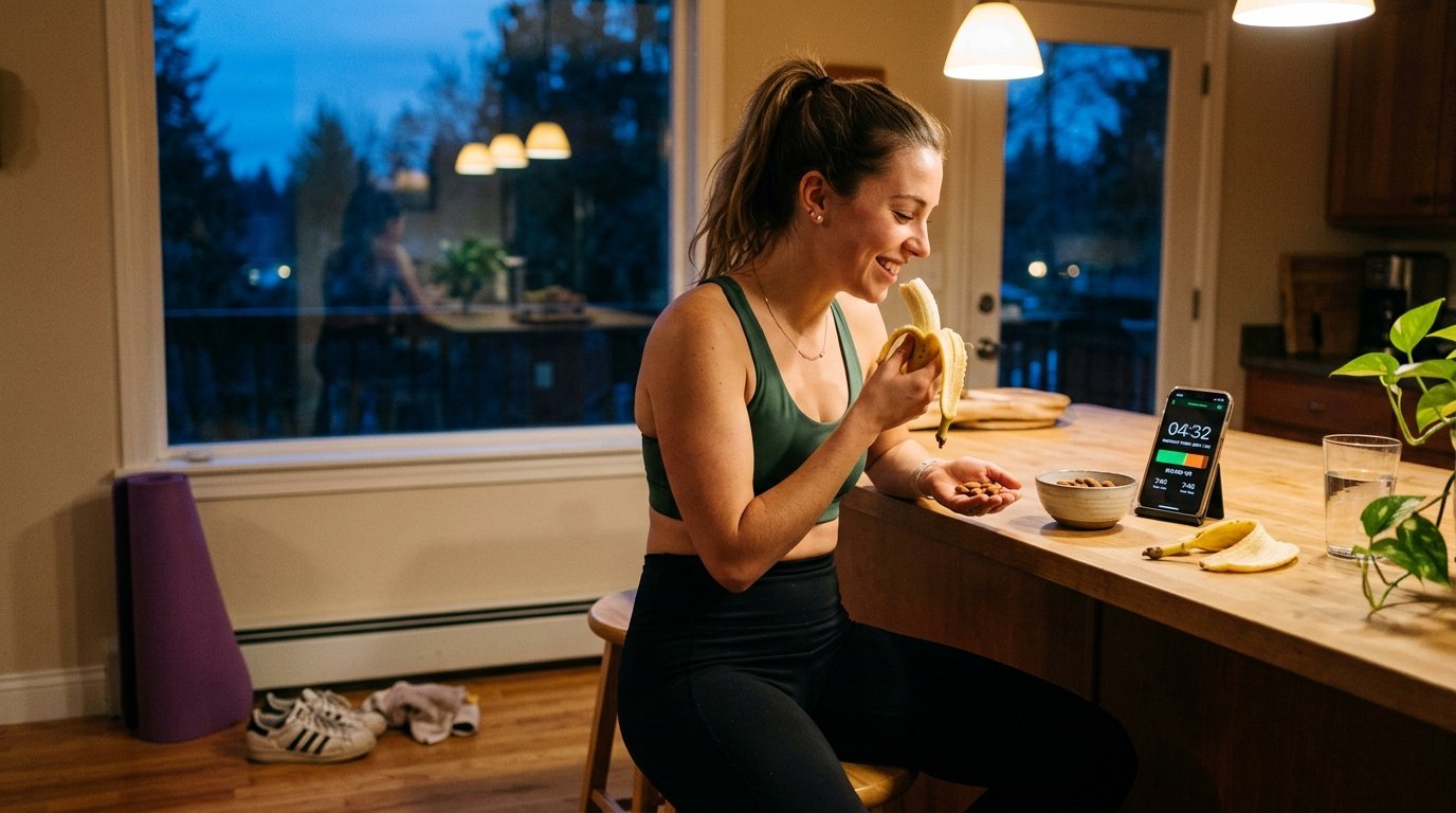 Young adult eating a light pre-workout snack before an evening training session