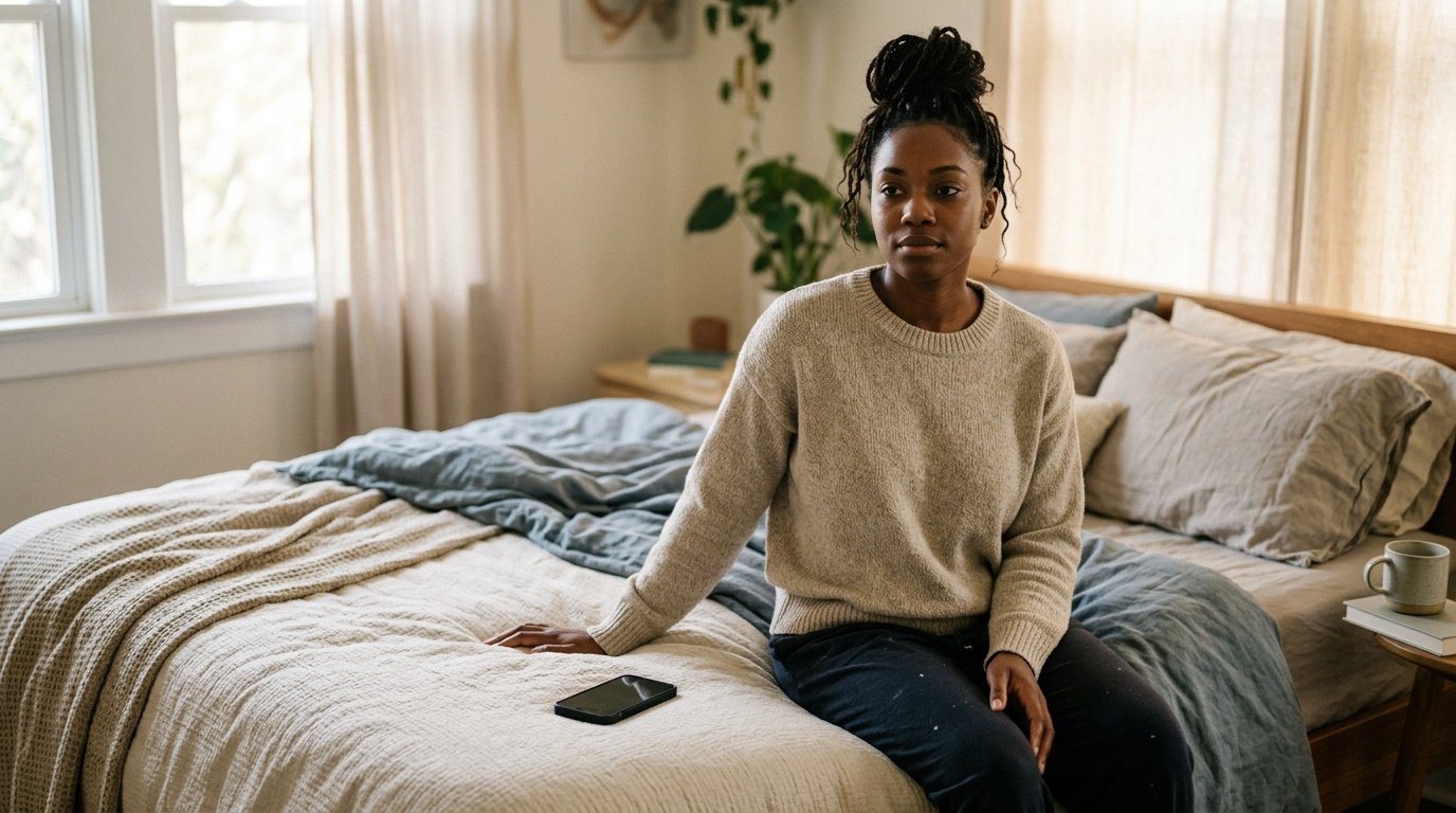 young woman prioritizing mental health by pausing before checking her phone in the morning