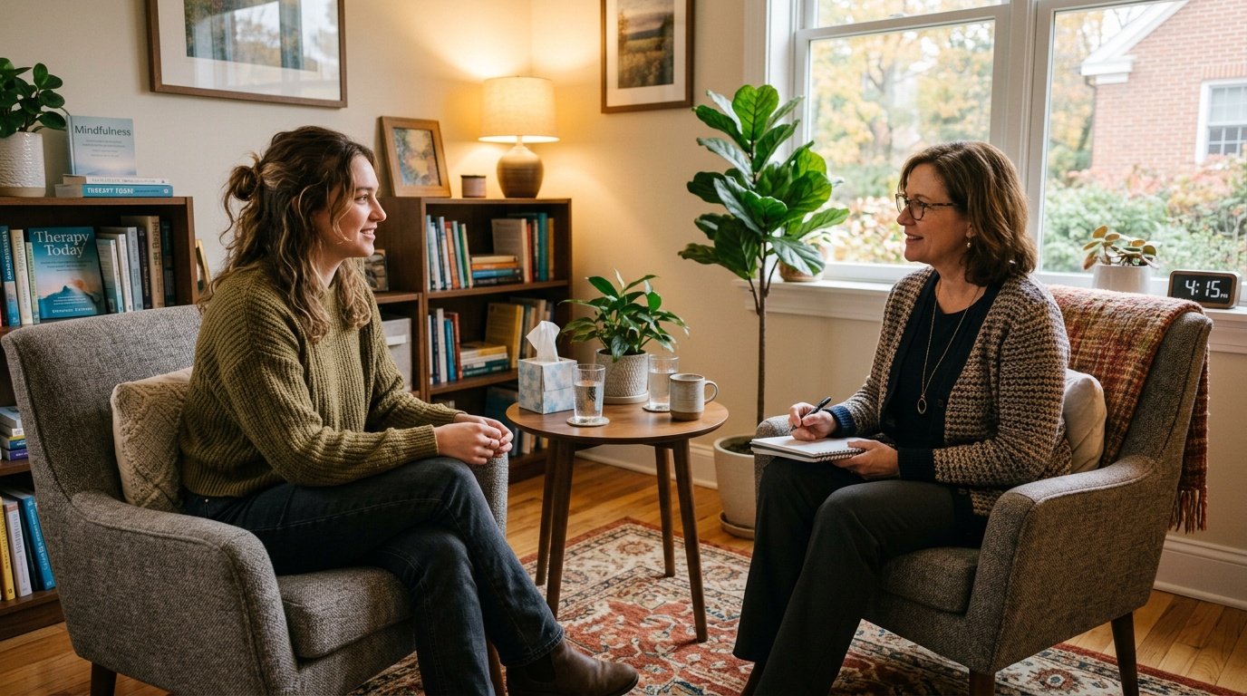 young adult talking with a mental health professional about prioritizing mental health with proper support