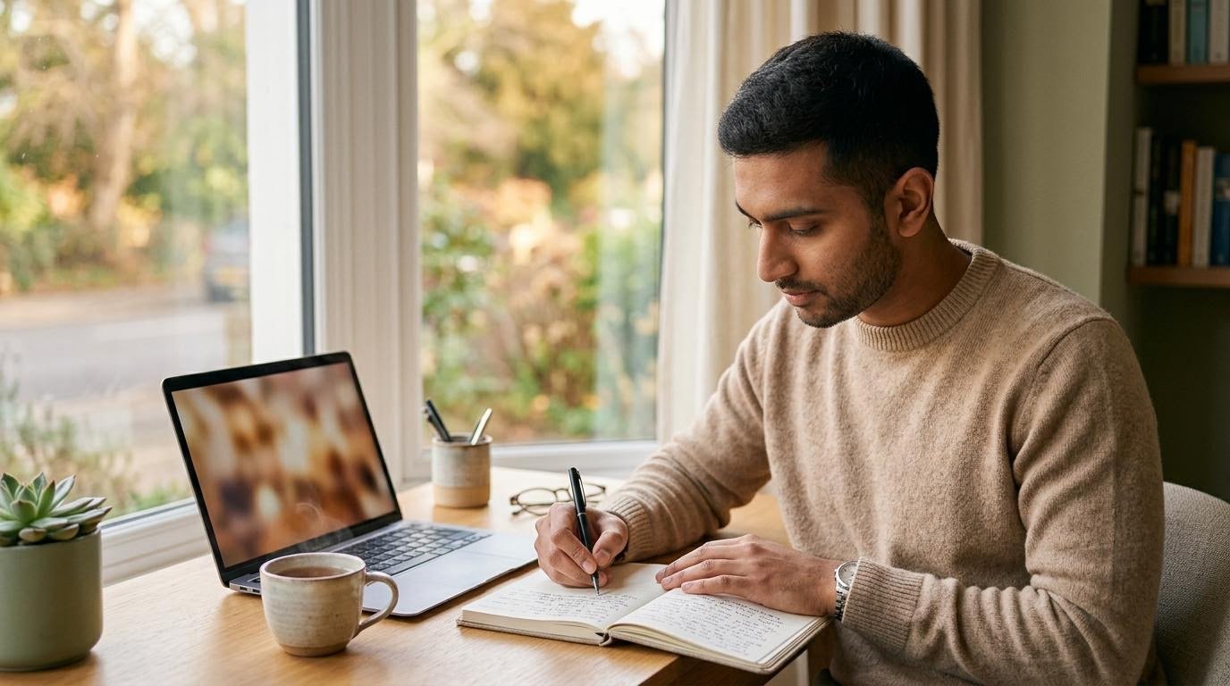 South Asian man in his late 20s taking notes at a desk with a laptop and a cup of tea while researching probiotic questions