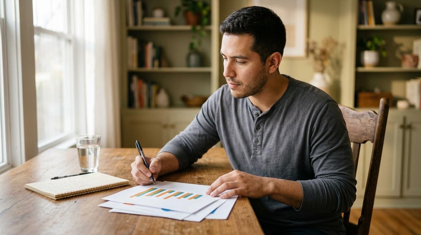 Hispanic man in his late 20s reviewing printed clinical trial charts on a desk with a notebook and a glass of water