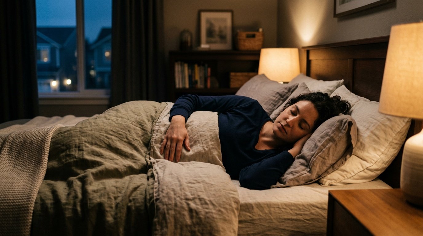 person lying down doing progressive muscle relaxation before bed to release tension that built up during the day