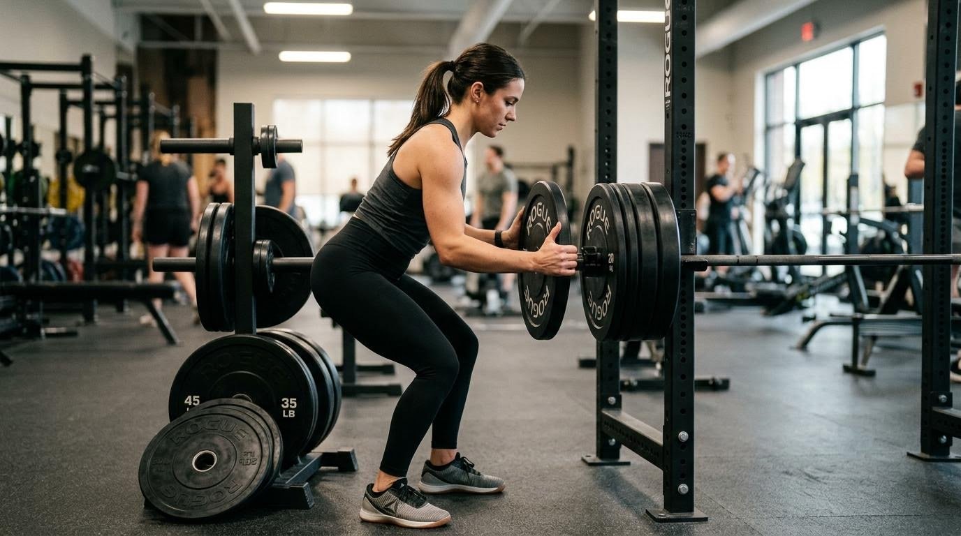 Woman loading weight plates onto a barbell to apply progressive overload