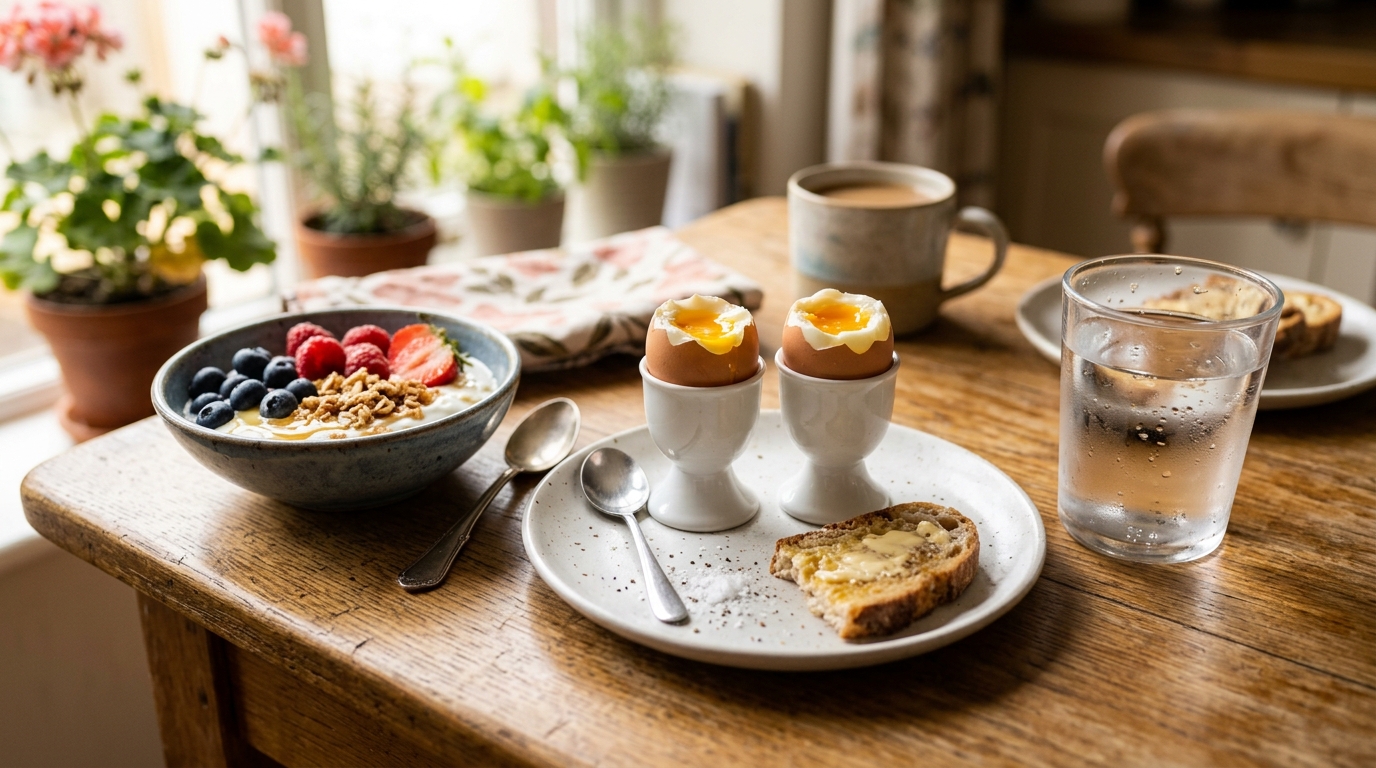High-protein breakfast plate of eggs, Greek yogurt, and berries as one of the diet and weight loss tips
