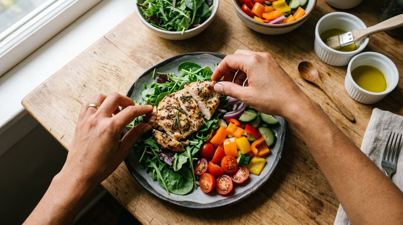 protein and fiber forward plate with grilled chicken and vegetables prepared for sustainable weight loss habits