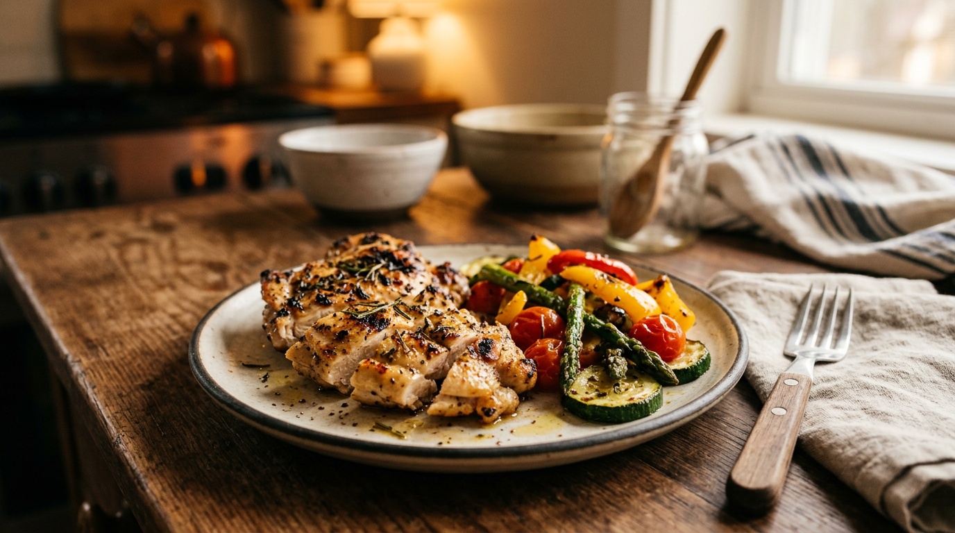 A small plate with lean protein plated first, illustrating the protein-first rule for a bariatric surgery diet