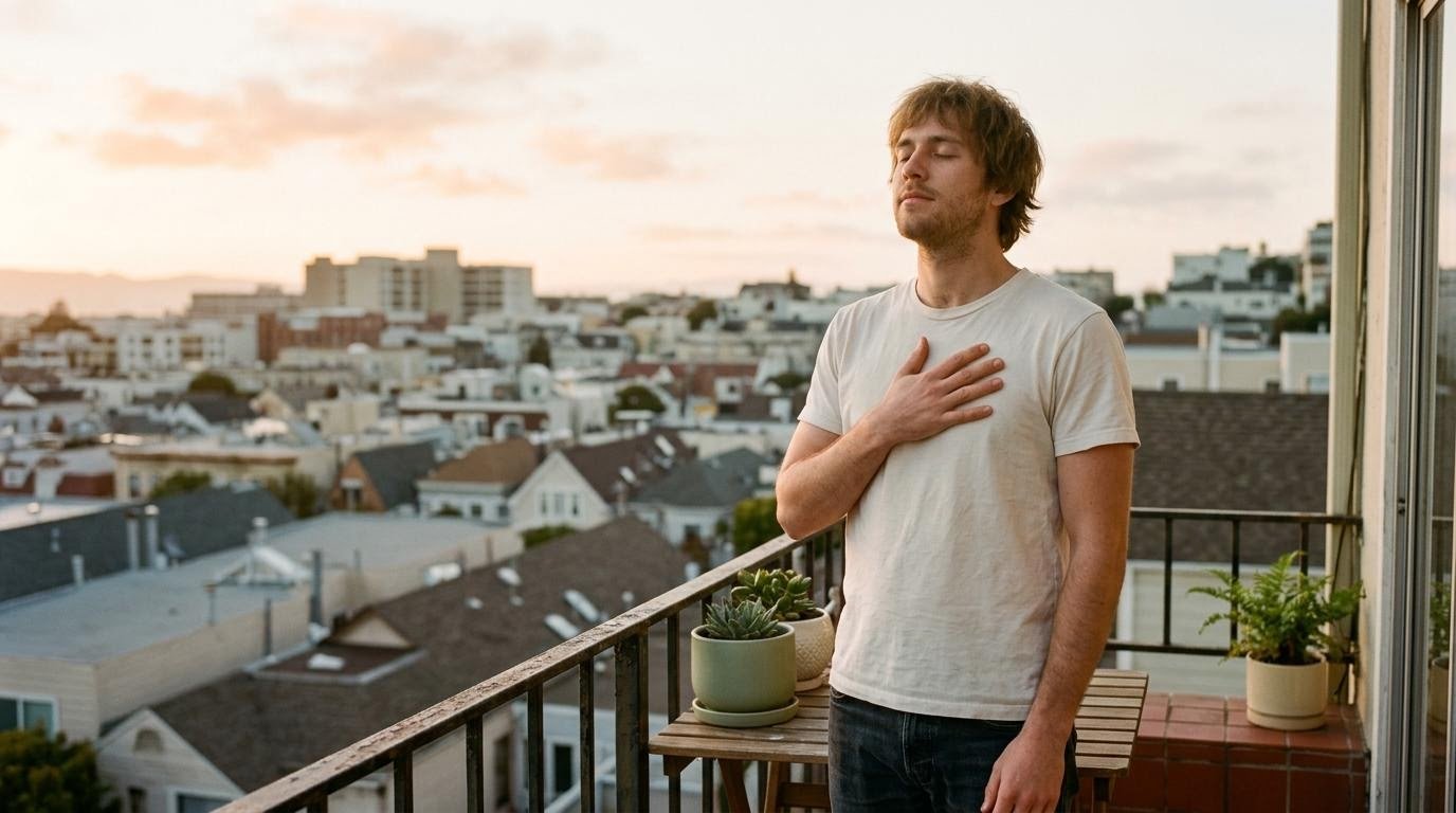 Young man on a balcony at sunrise with eyes closed and a hand on his chest, taking a slow mindful breath
