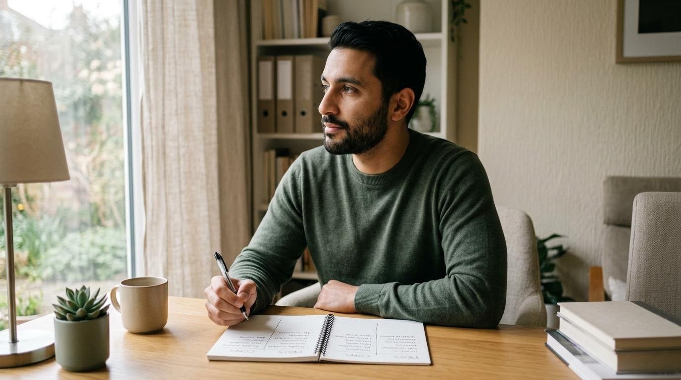 man comparing reactive coping versus proactive mental health practices in a handwritten notebook