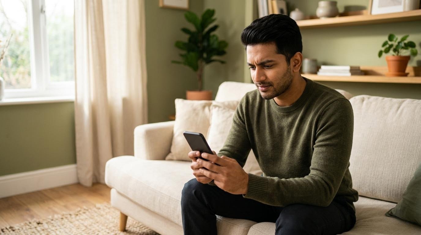 South Asian man looking skeptically at a phone while reading before-and-after weight loss posts