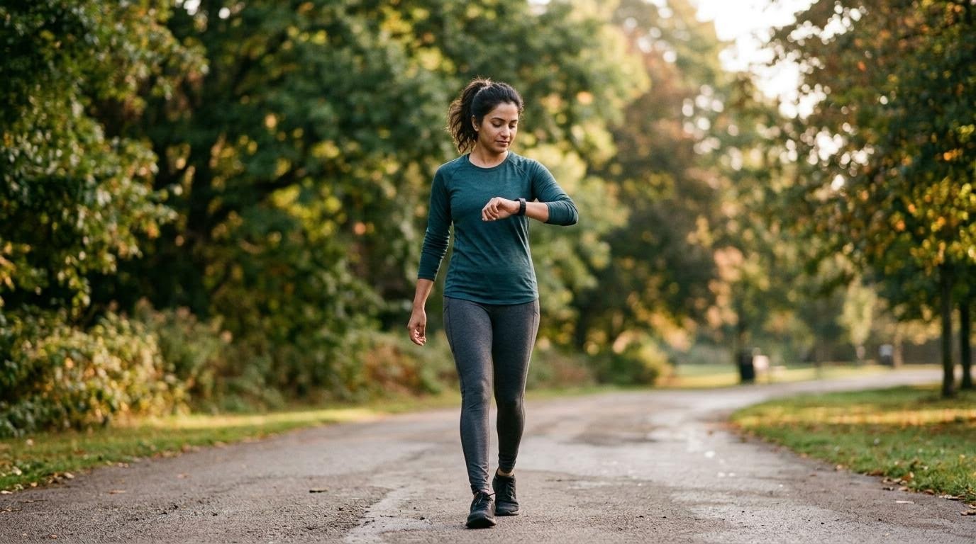 Woman timing a brisk park walk with a fitness watch to set a baseline for realistic fitness goals