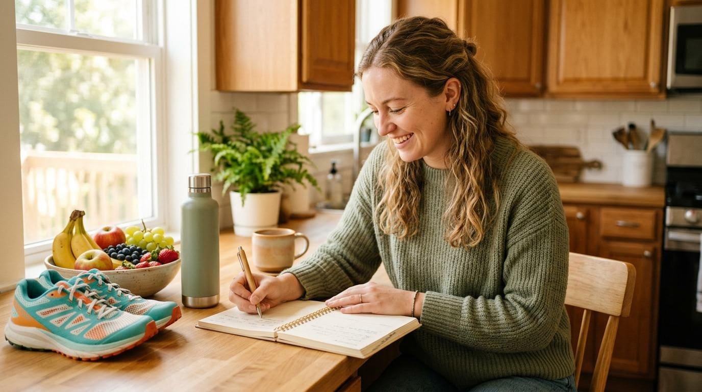 Woman writing a weekly weight loss plan in a planner next to fresh fruit and running shoes