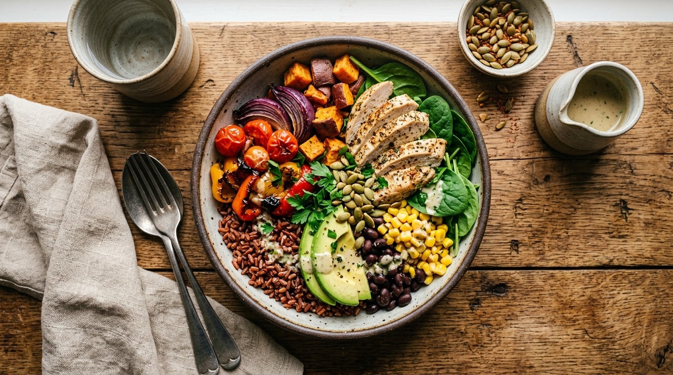 red rice and weight loss shown in a grain bowl with roasted vegetables and lean protein