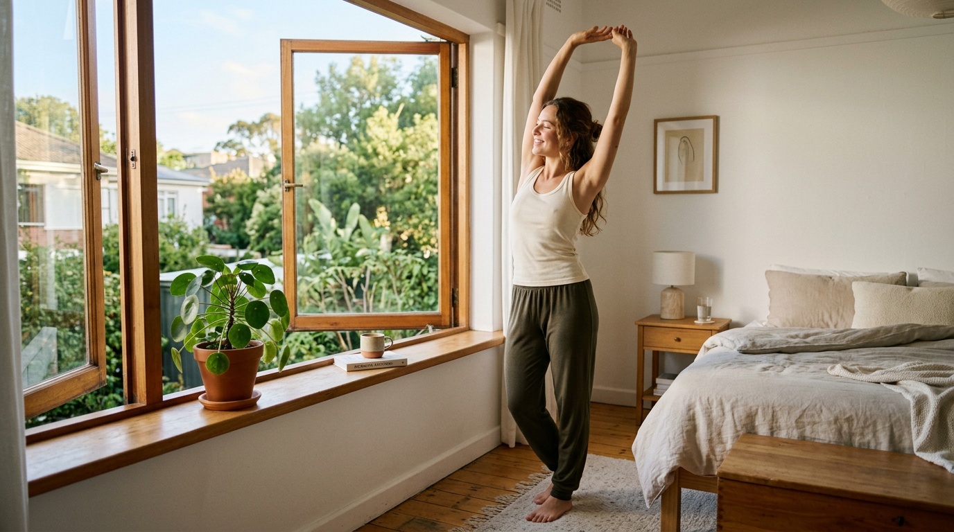 Person stretching in the morning light, building habits to reduce physical anxiety symptoms long term