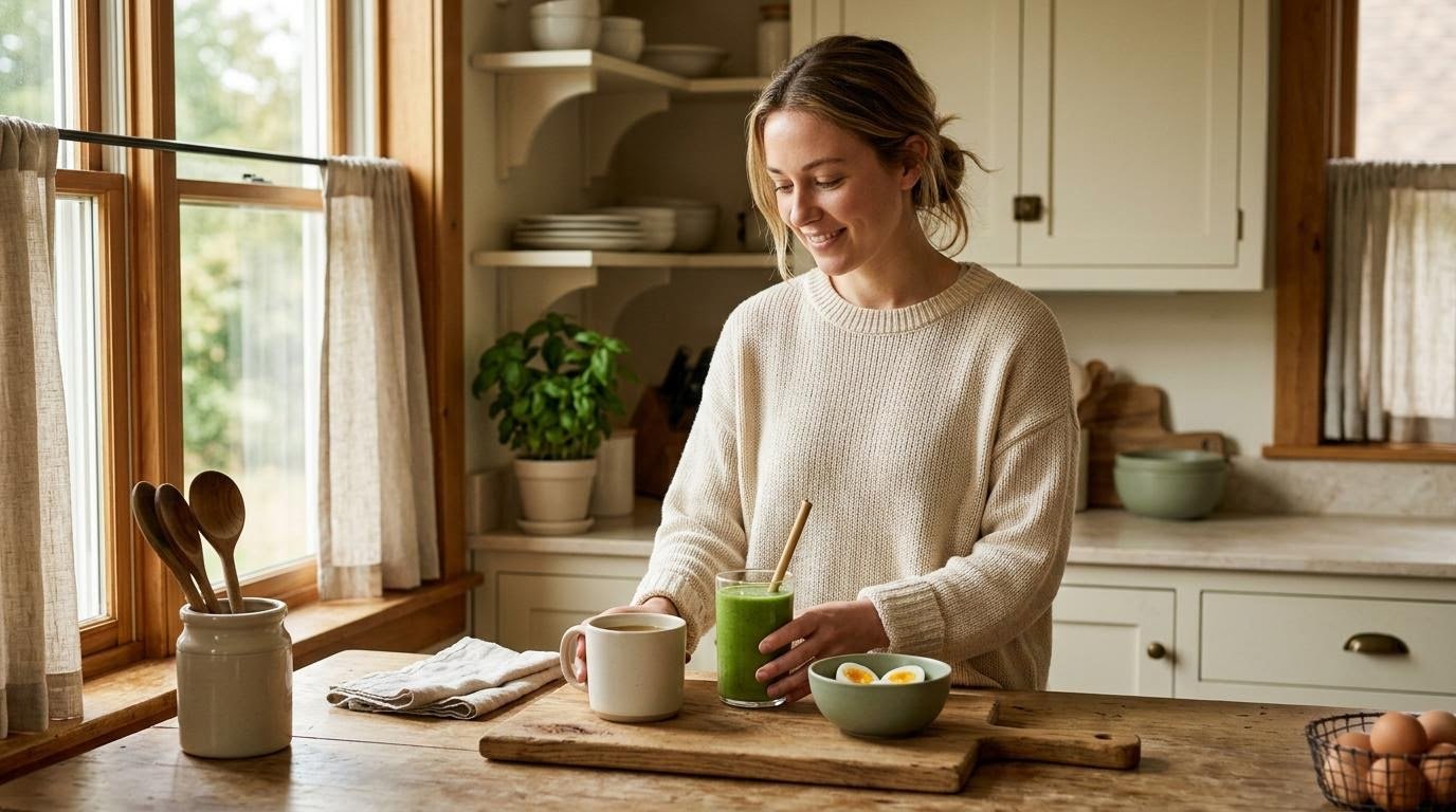 woman starting her break-fast meal with a small bowl of bone broth before moving to a fuller plate