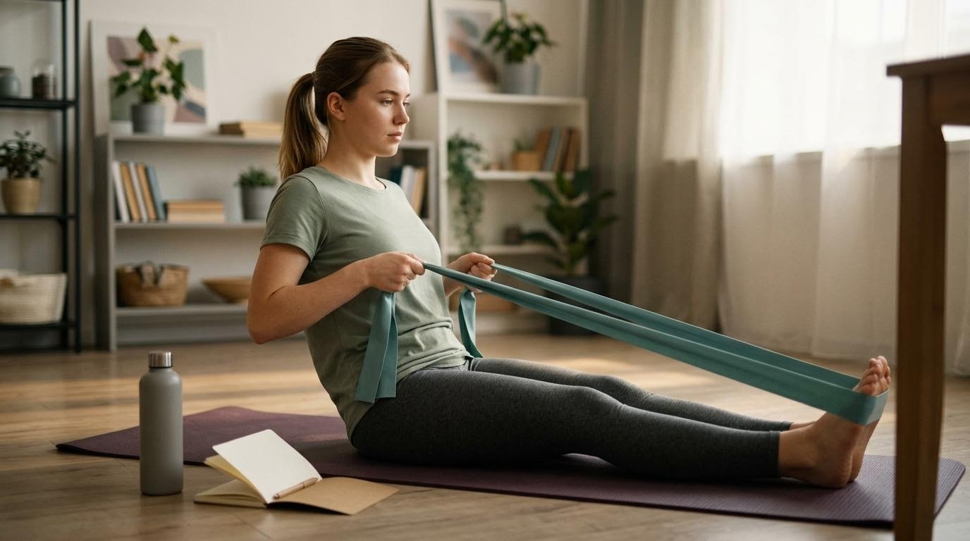 Woman doing a resistance band row on a yoga mat as part of a beginner weekly workout plan