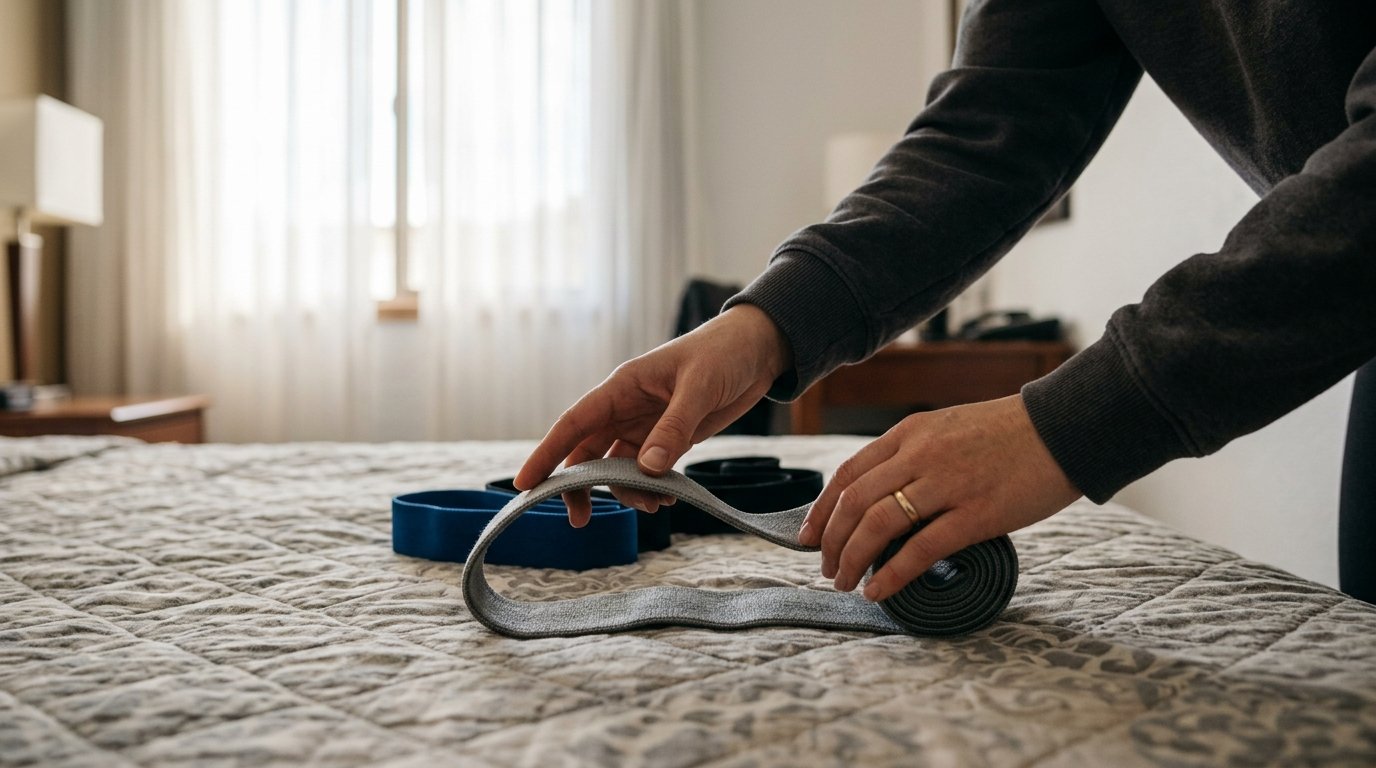 Resistance bands as travel workout equipment on a hotel bed