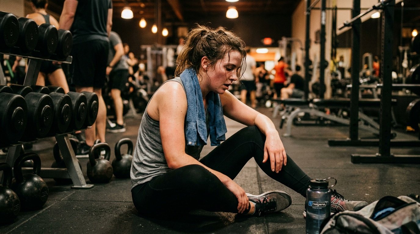 woman resting between sets highlighting recovery mistakes in a fat loss exercise routine