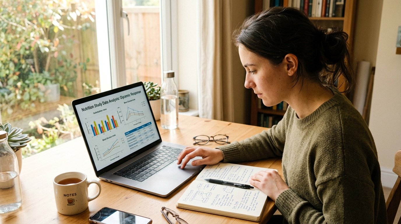 researcher reviewing rice and weight loss study data on a laptop with charts and notes