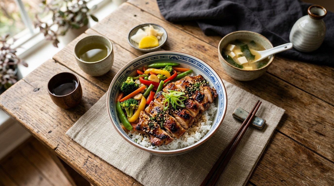 traditional rice bowl meal with vegetables and protein, illustrating countries with high rice consumption and lower obesity rates