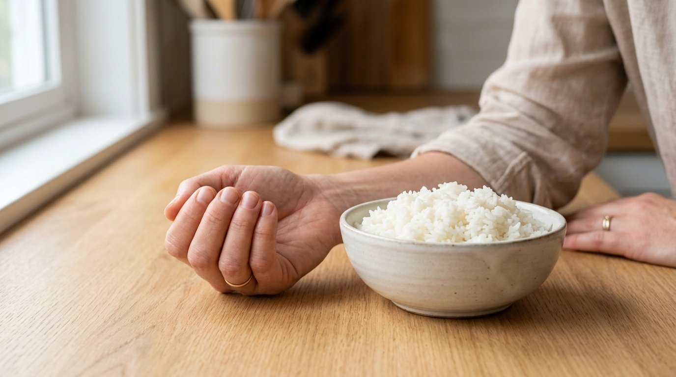 hand measuring a portion of cooked rice using a rounded handful as a visual portion guide