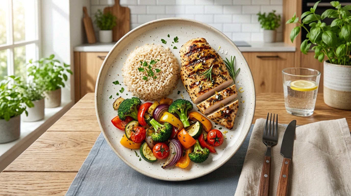 balanced plate with a proper rice portion, vegetables, and protein illustrating a rice weight loss meal strategy